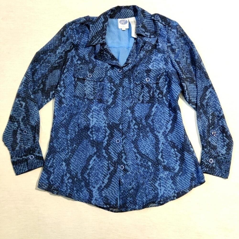 Vintage Diana Gilman Women's Snakeskin Button Down Blue Blouse Size Medium